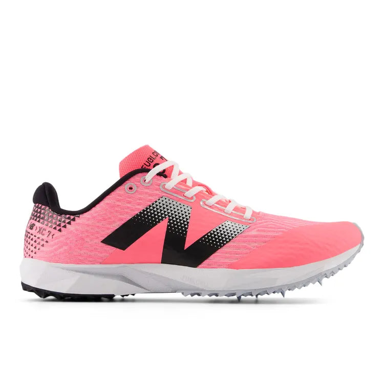 Side view on white background of Womens New Balance FuelCell XC7 v5 running shoe in Ultra Pink/Black/Silver Metallic, Medium (Regular) width