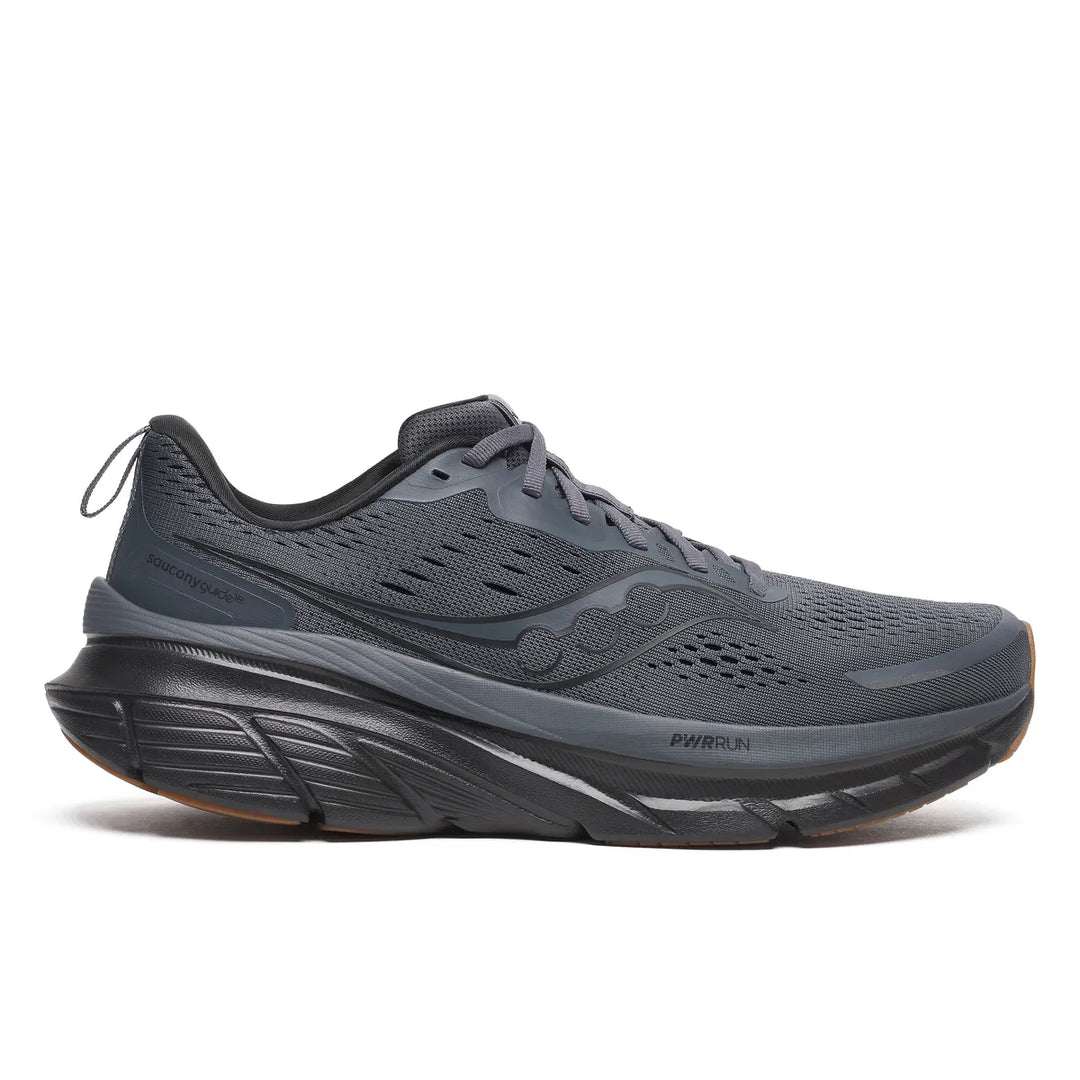 Side view on white background of Mens Saucony Guide 18 running shoe in Shadow/Gum, Medium (Regular) width