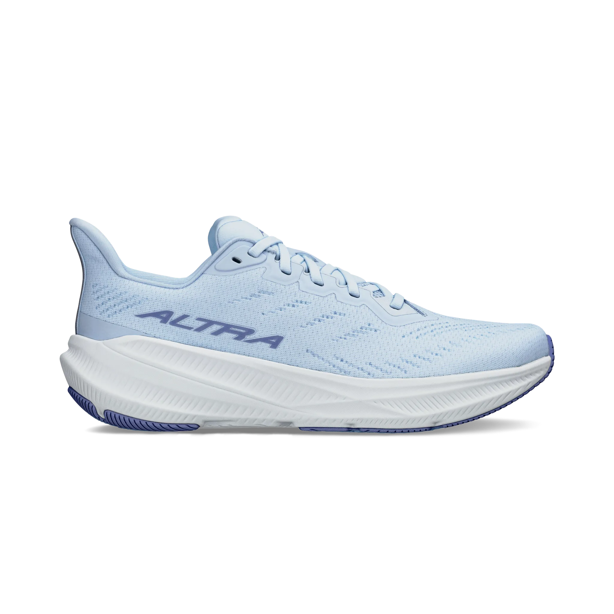 Side view on white background of Womens Altra Experience Flow 2 running shoe in Light Blue, Medium (Regular) width