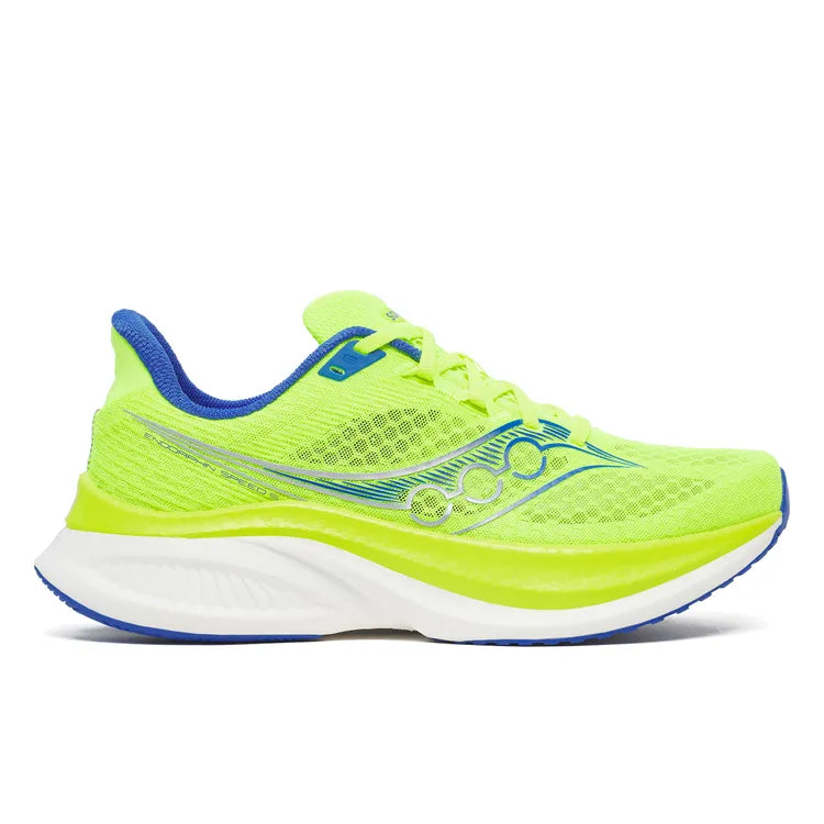 Side view on white background of Mens Saucony Endorphin Speed 5 running shoe in Citron/Lapis, Medium (Regular) width