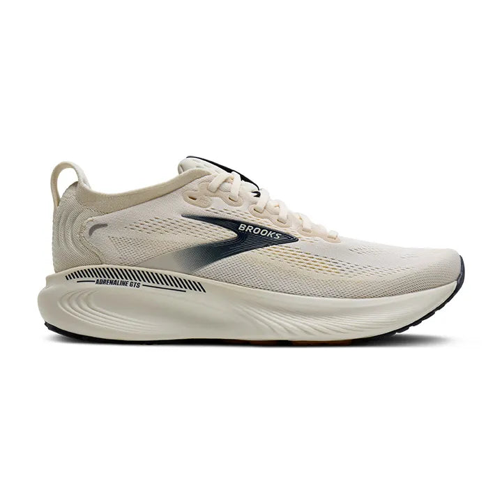 Side view on white background of Mens Brooks Adrenaline GTS 25 running shoe in Arctic Wolf/Rutabaga/Navy, Medium (Regular) width