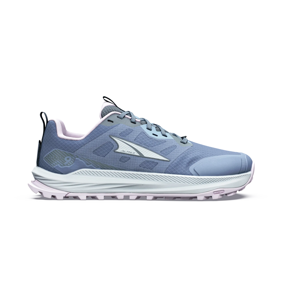 Side view on white background of Womens Altra Lone Peak 9 running shoe in Flint Stone/Ice Flow, Medium (Regular) width