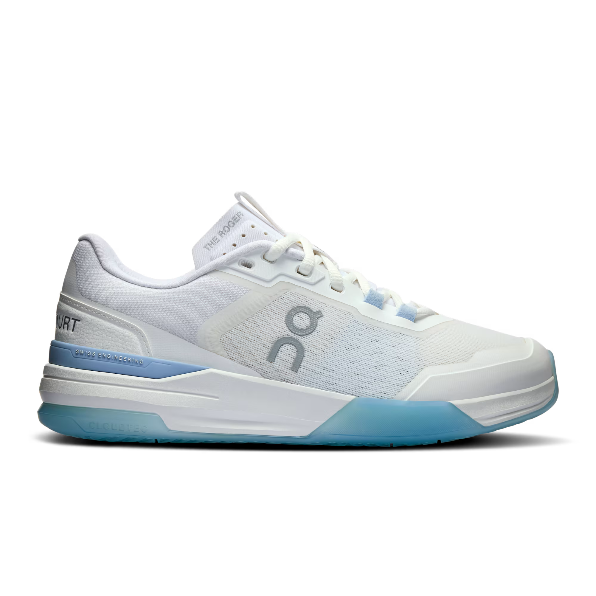 Side view on white background of Womens On The Roger Advantage Pro running shoe in White/Chambray, Medium (Regular) width