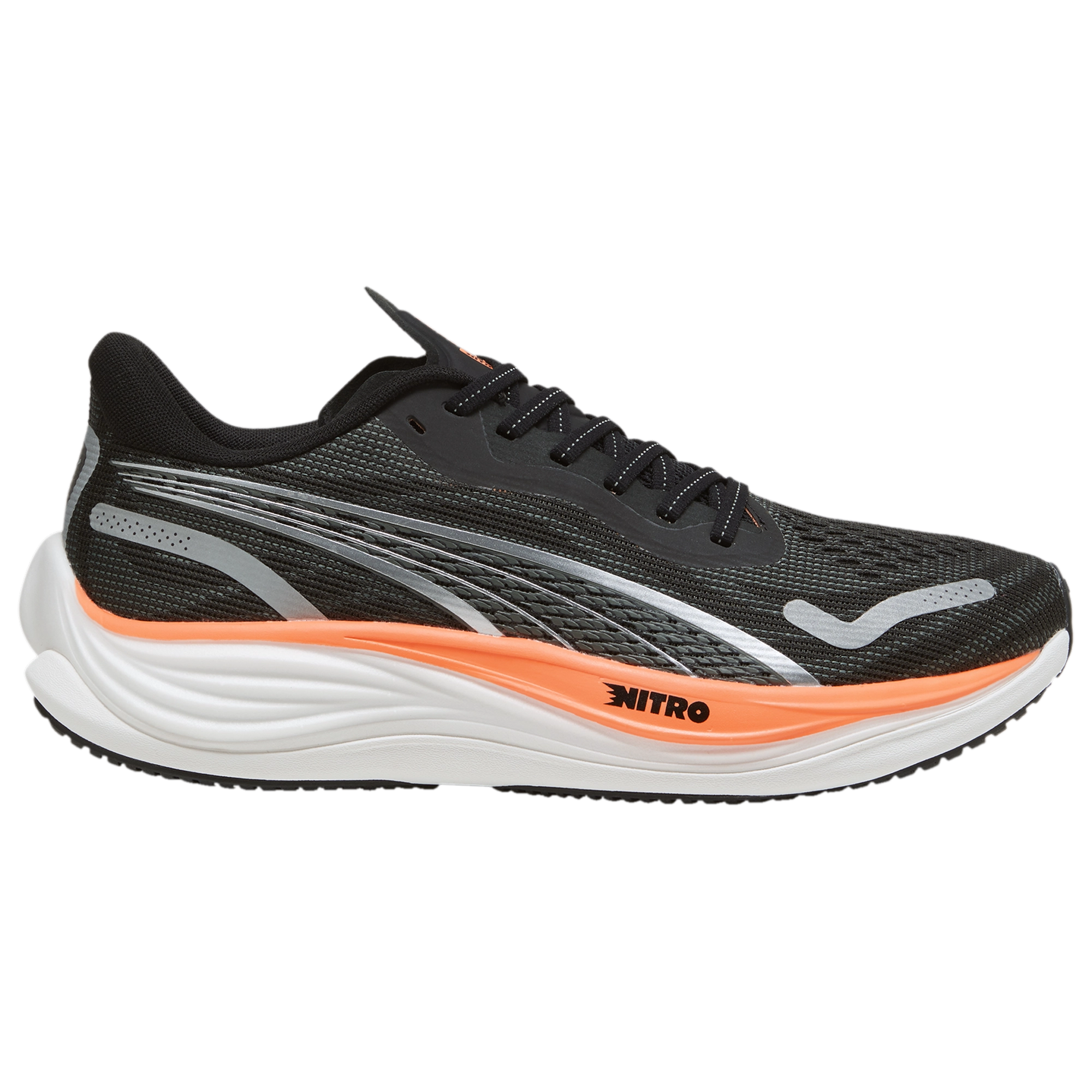 Puma Velocity Nitro 3 Mens running shoes in Black/Silver/Neon Citrus - side view on white background