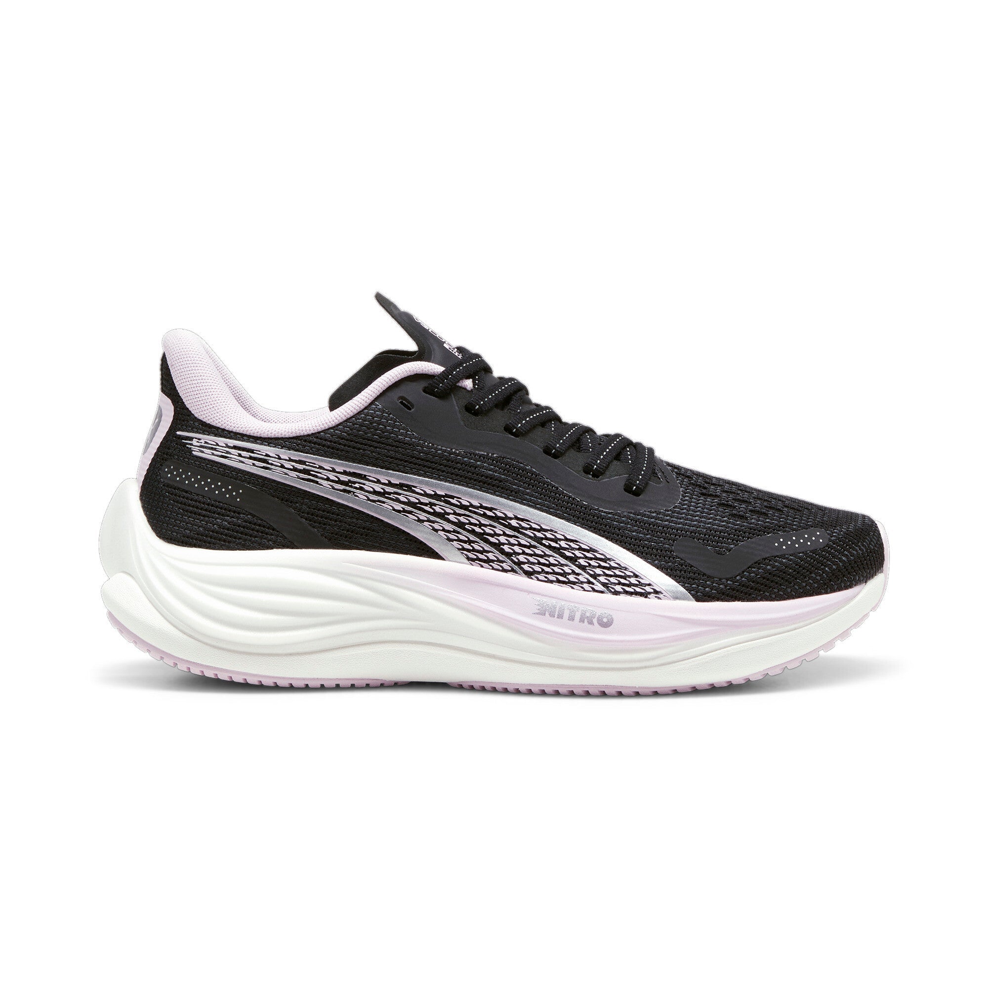 Puma Velocity Nitro 3 Womens running shoes in Puma Black/Puma Silver/Grape Mist - side view on white background