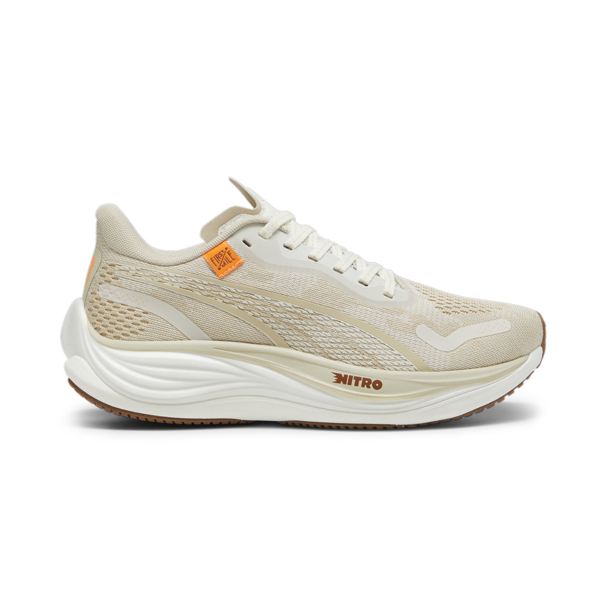 Puma Velocity Nitro 3 Womens running shoes in Vapor Gray/Putty/Neon Citrus - side view on white background