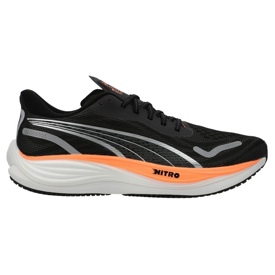 Side view on white background of Mens Puma Velocity Nitro 3 running shoe in Black Silver/Neon Citrus, Medium (Regular) width
