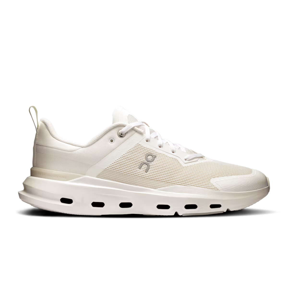 Side view on white background of Mens On Cloudpulse Next running shoe in White/Ice, Medium (Regular) width