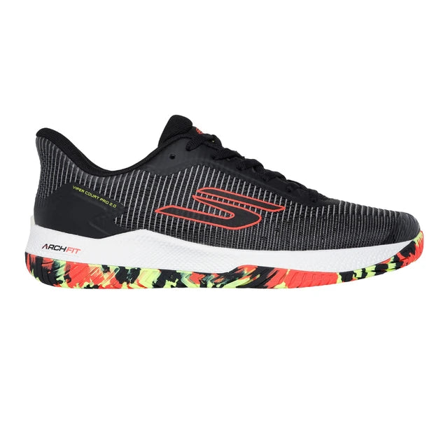 Side view on white background of Mens Skechers Viper Court 2.0 running shoe in Black/Multi, Medium (Regular) width
