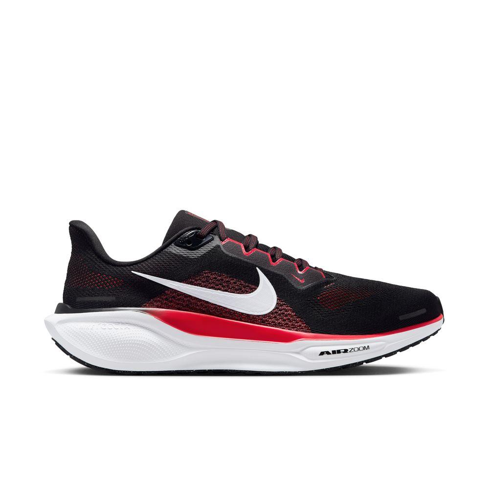 Side view on white background of Mens Nike Pegasus 41 running shoe in Black/White-Fire Red, Medium (Regular) width