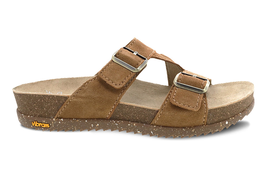 Side view on white background of Womens Dansko Dayna Suede running shoe in Tan, Medium (Regular) width