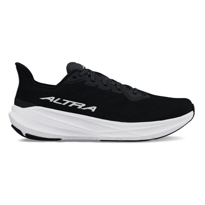 Side view on white background of Mens Altra Experience Flow ST running shoe in Black/White, Medium (Regular) width