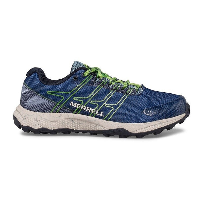Side view on white background of Kids Merrell Moab Flight Low running shoe in Poseidon, Wide width