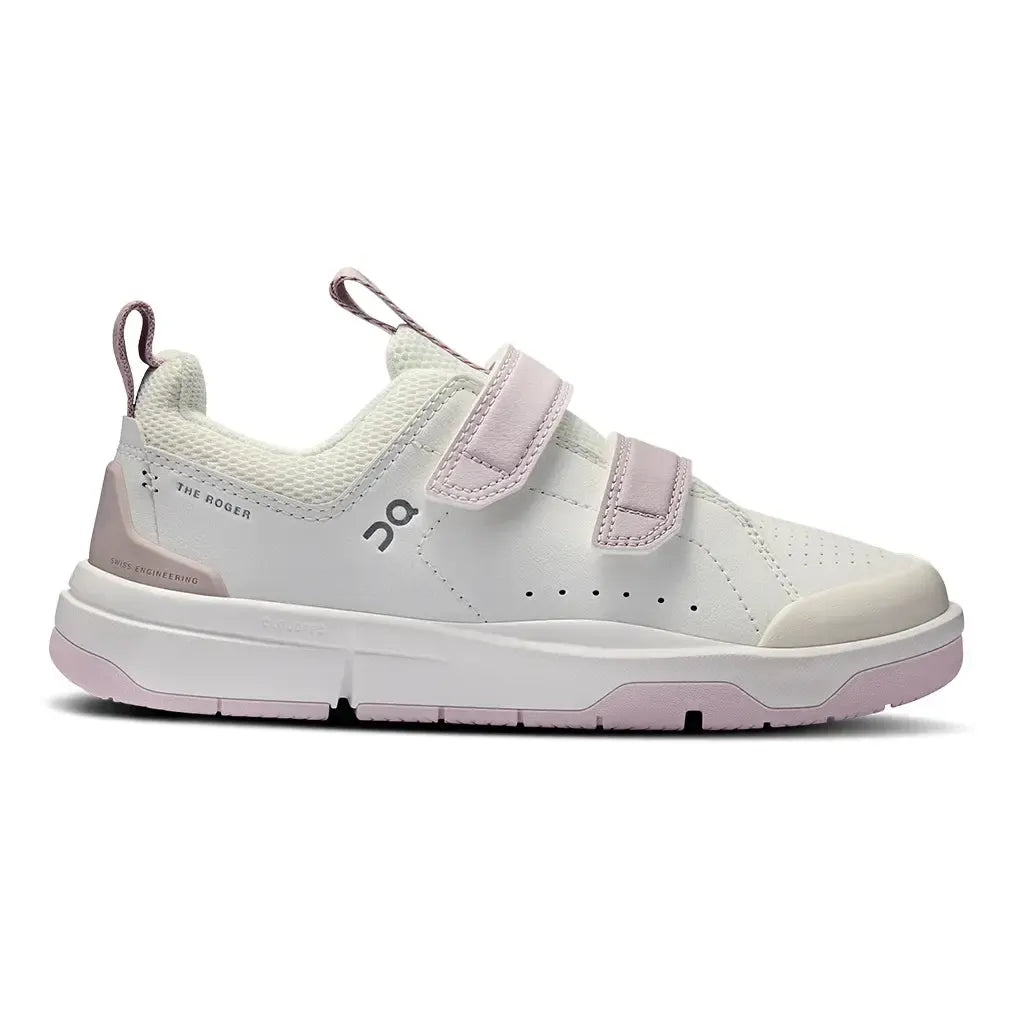 Side view on white background of Kids On The Roger running shoe in Ivory/Orchid, Medium (Regular) width