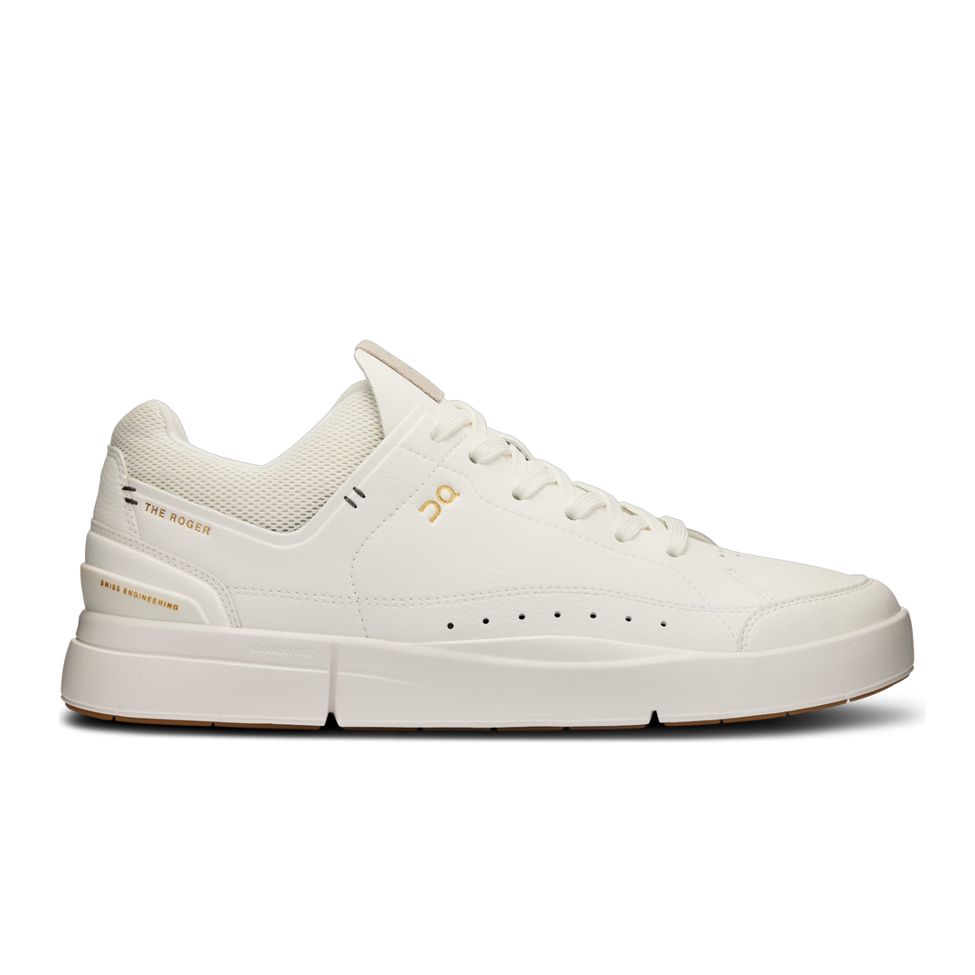 Side view on white background of Mens On The Roger Centre Court running shoe in White/Gum, Medium (Regular) width