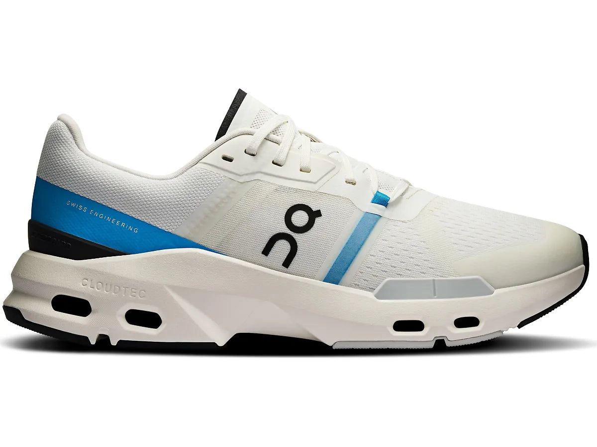 Side view on white background of Mens On Cloudpulse running shoe in Ivory/Horizon, Medium (Regular) width