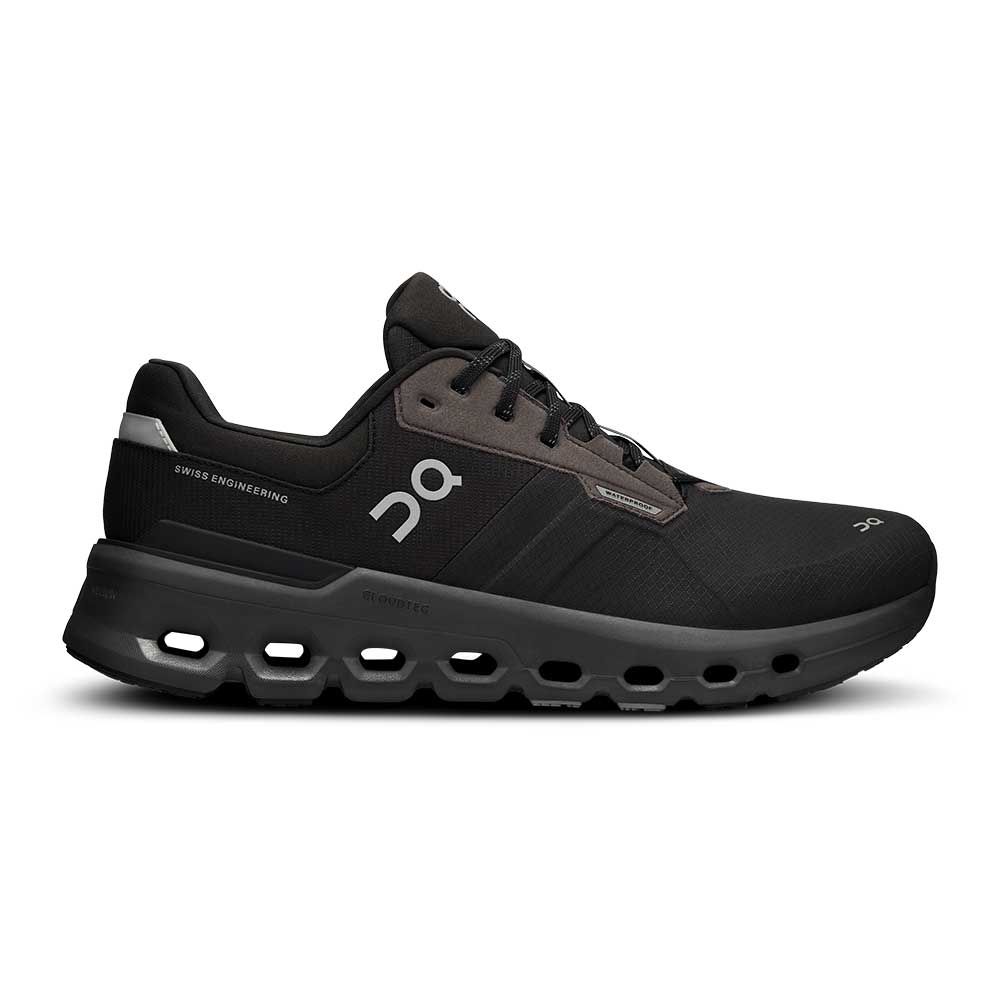 Side view on white background of Womens On Cloudrunner 2 Waterproof running shoe in Magnet/Black, Medium (Regular) width
