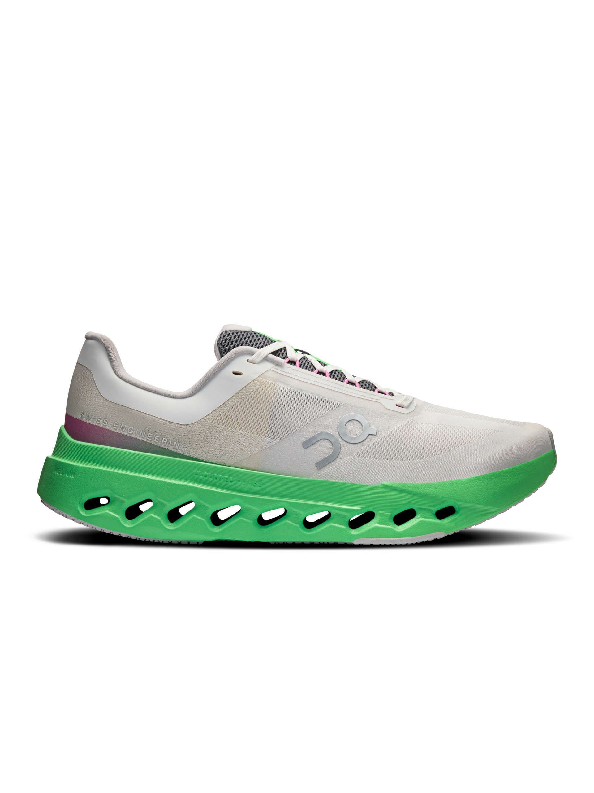 Side view on white background of Mens On Cloudsurfer Next running shoe in Wolf/Honeydew, Medium (Regular) width