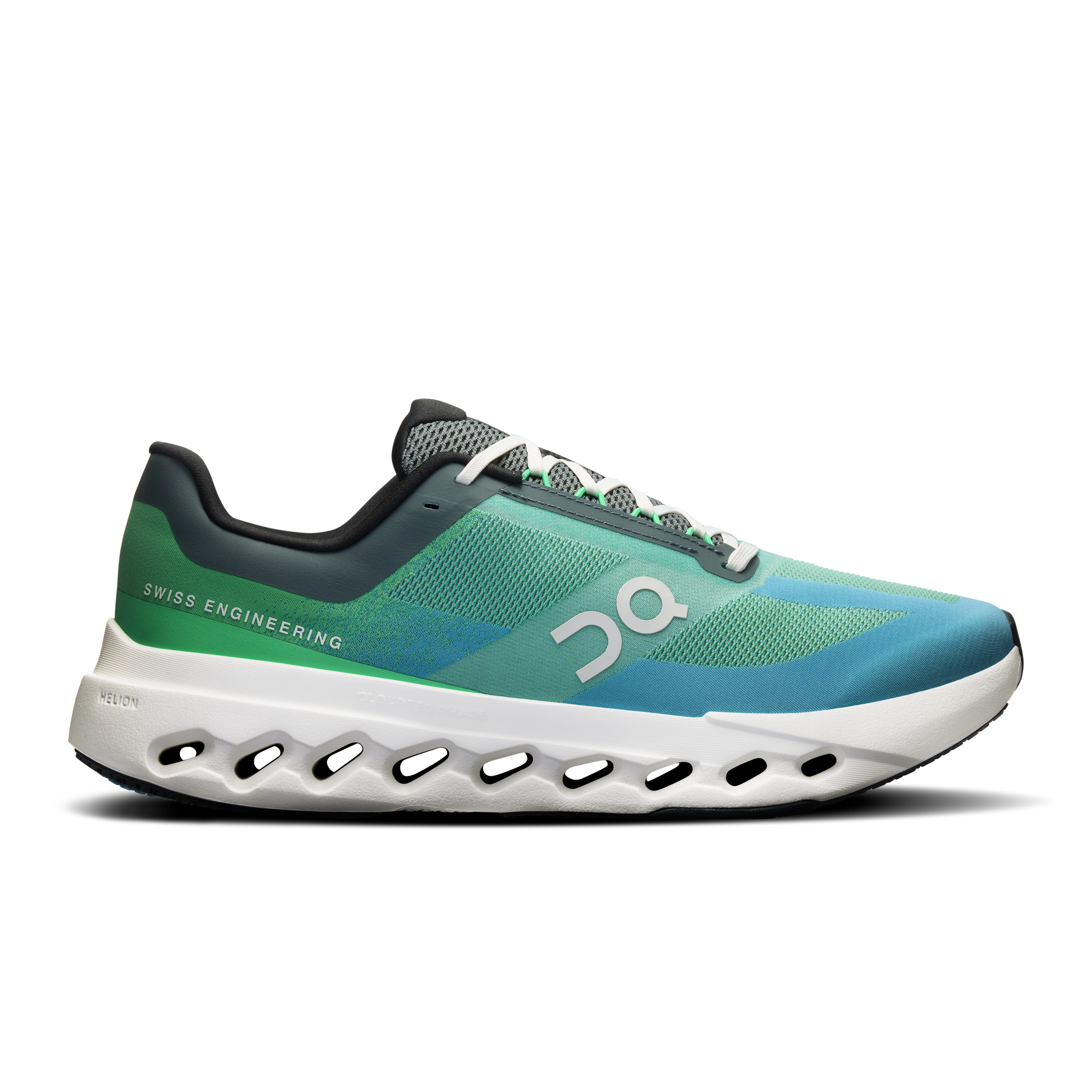Side view on white background of Mens On Cloudsurfer Next running shoe in Honeydew/Ivory, Medium (Regular) width