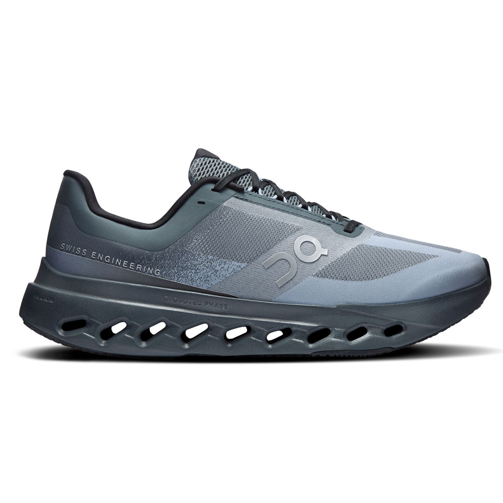 Side view on white background of Mens On Cloudsurfer running shoe in Stone/Marsh, Medium (Regular) width