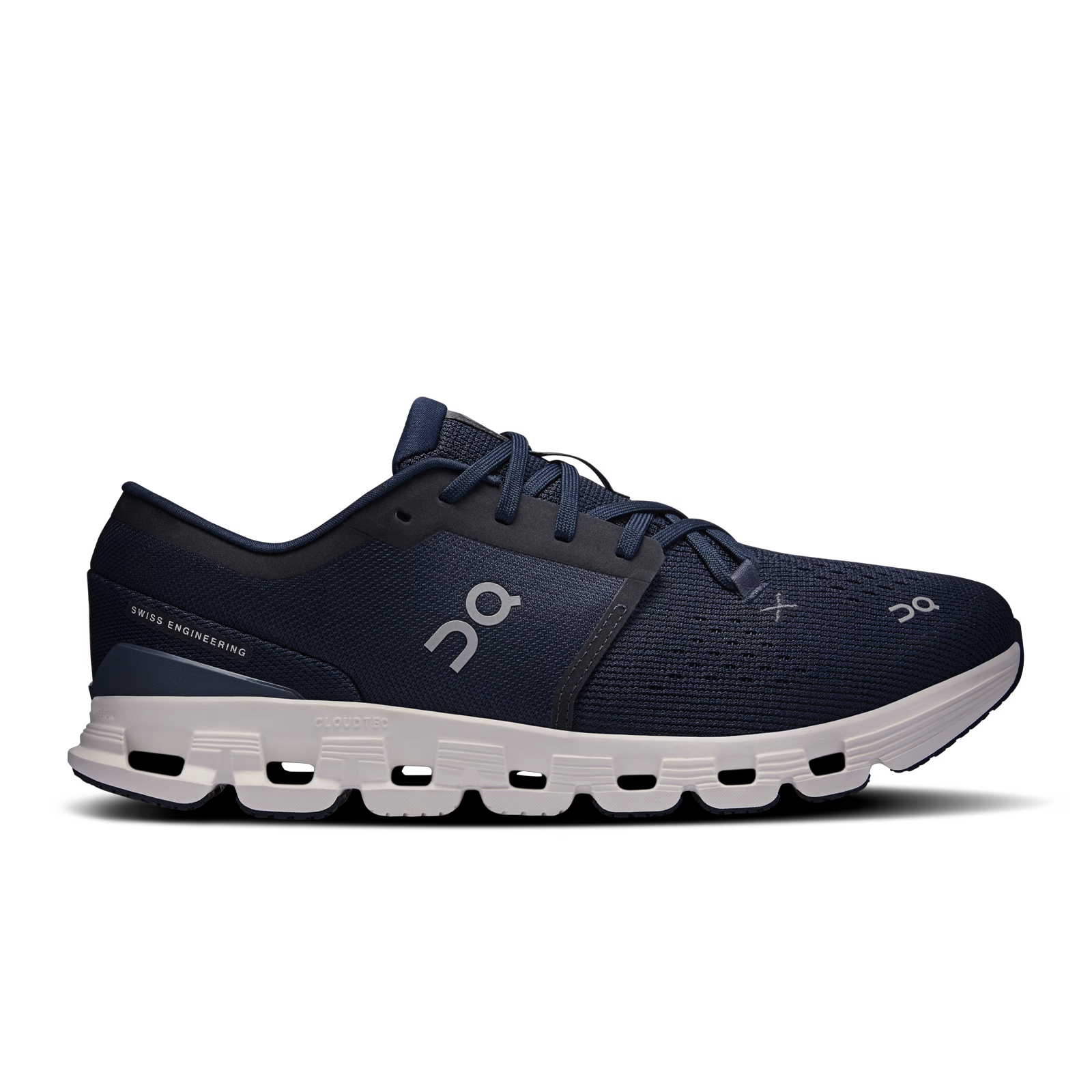 Side view on white background of Mens On Cloud X 4 running shoe in Ink/Ivory, Medium (Regular) width