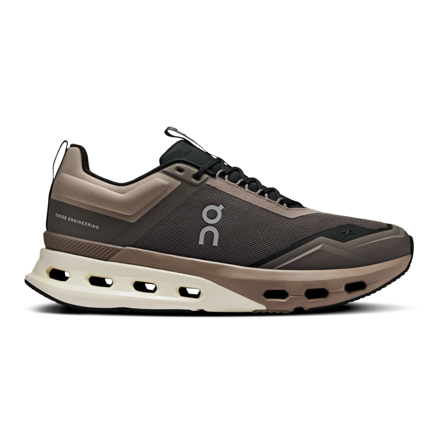 Side view on white background of Mens On Cloudnova X running shoe in Eclipse/Black, Medium (Regular) width