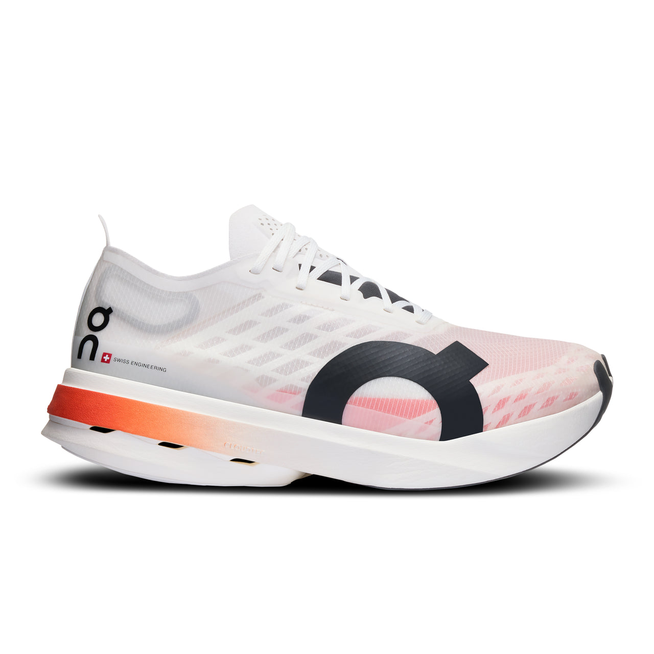 Side view on white background of Womens On Cloudboom Strike running shoe in White/Black, Medium (Regular) width