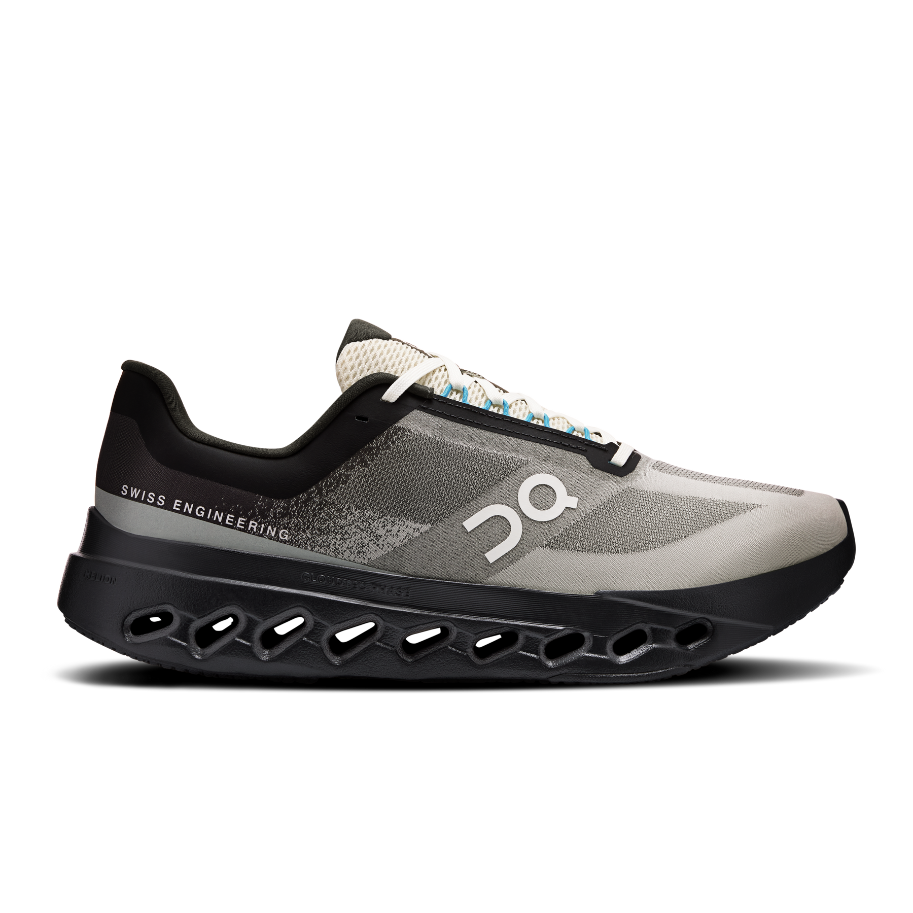 Side view on white background of Mens On Cloudsurfer Next running shoe in Black/Dew, Medium (Regular) width