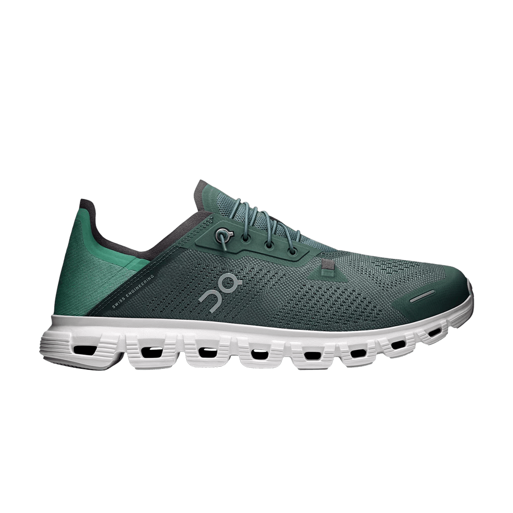 Side view on white background of Mens On Cloud 6 Coast running shoe in Olive/White, Medium (Regular) width