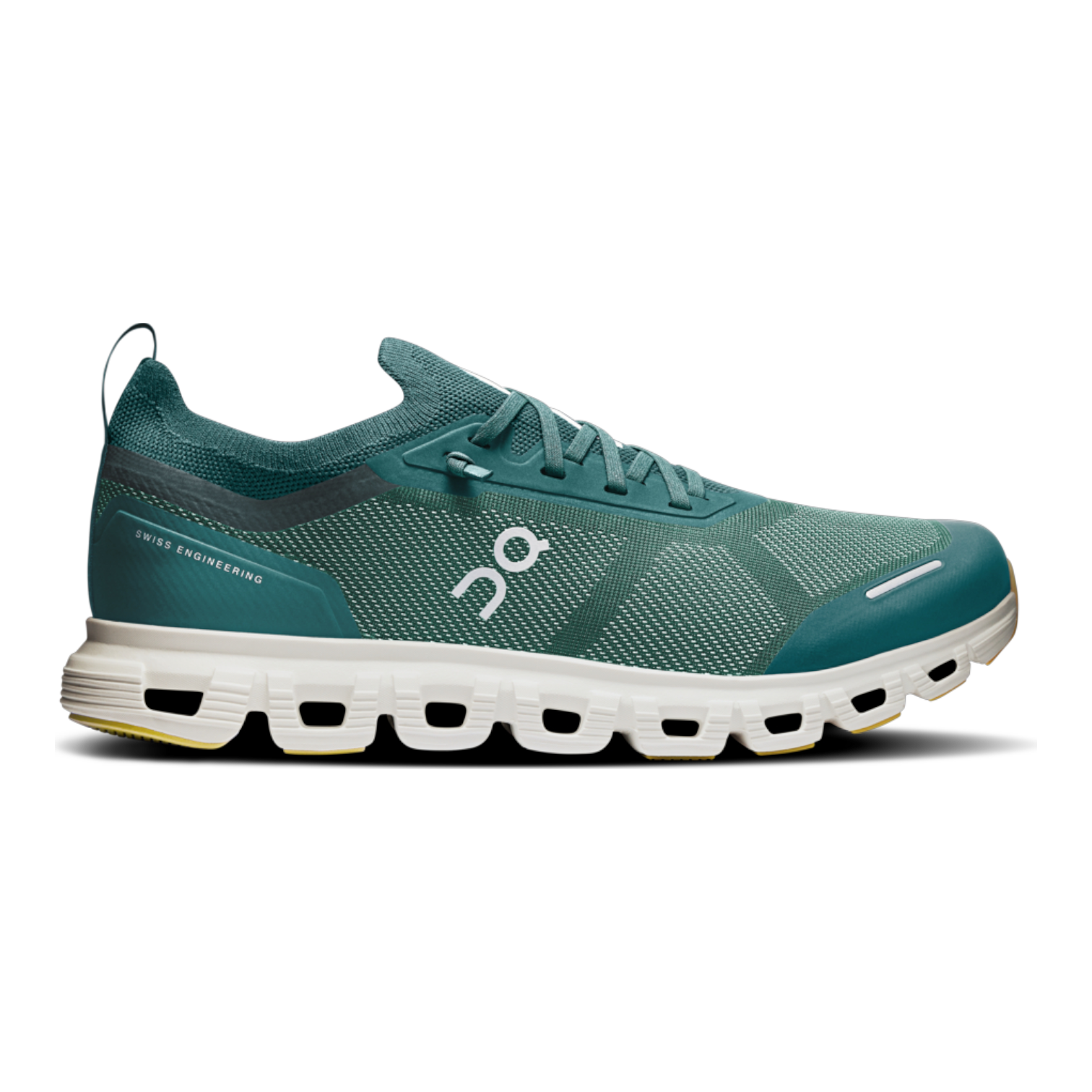 Side view on white background of Mens On Cloud 6 Versa running shoe in Spirulina/Citrine, Medium (Regular) width
