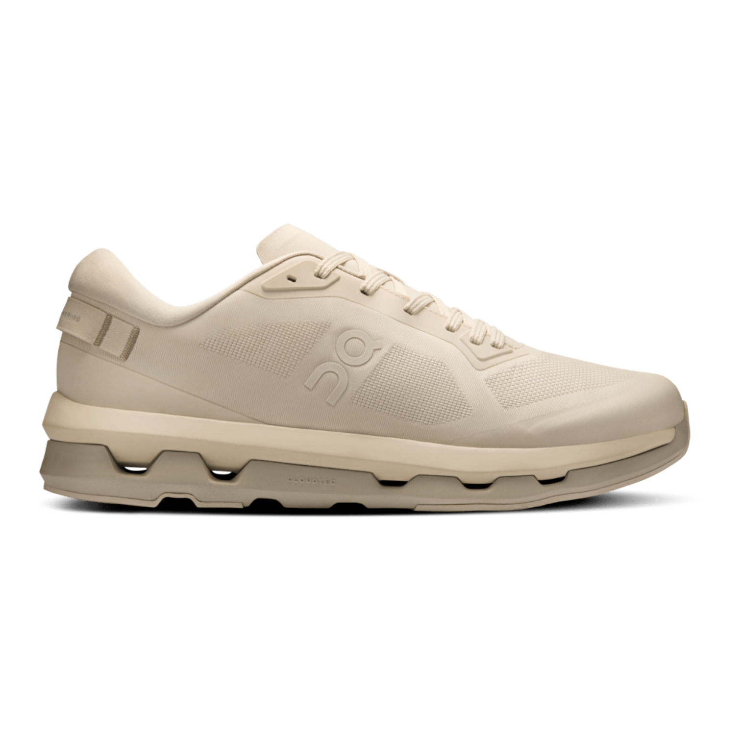 Side view on white background of Womens On Cloudzone running shoe in Pearl/Truffle, Medium (Regular) width