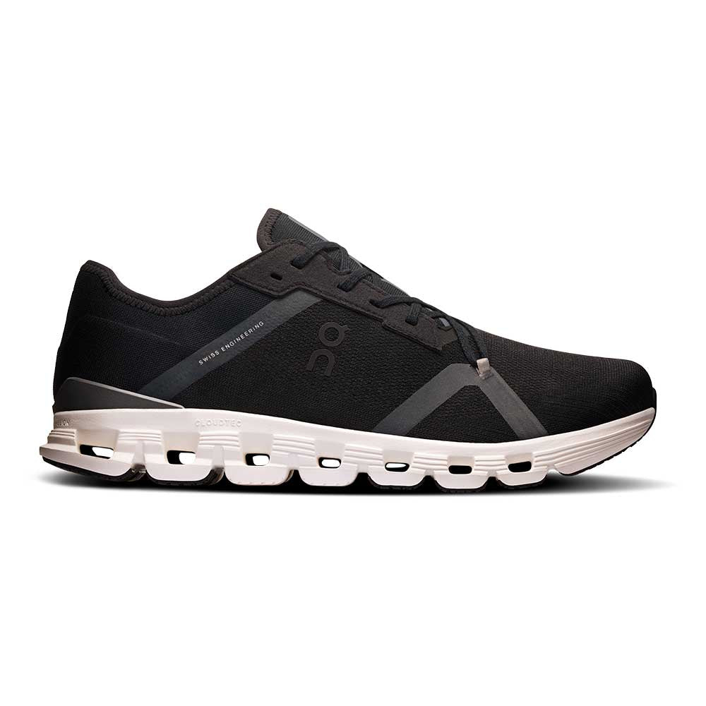 Side view on white background of Womens On Cloud X 4 AD running shoe in Black/Asphalt, Medium (Regular) width