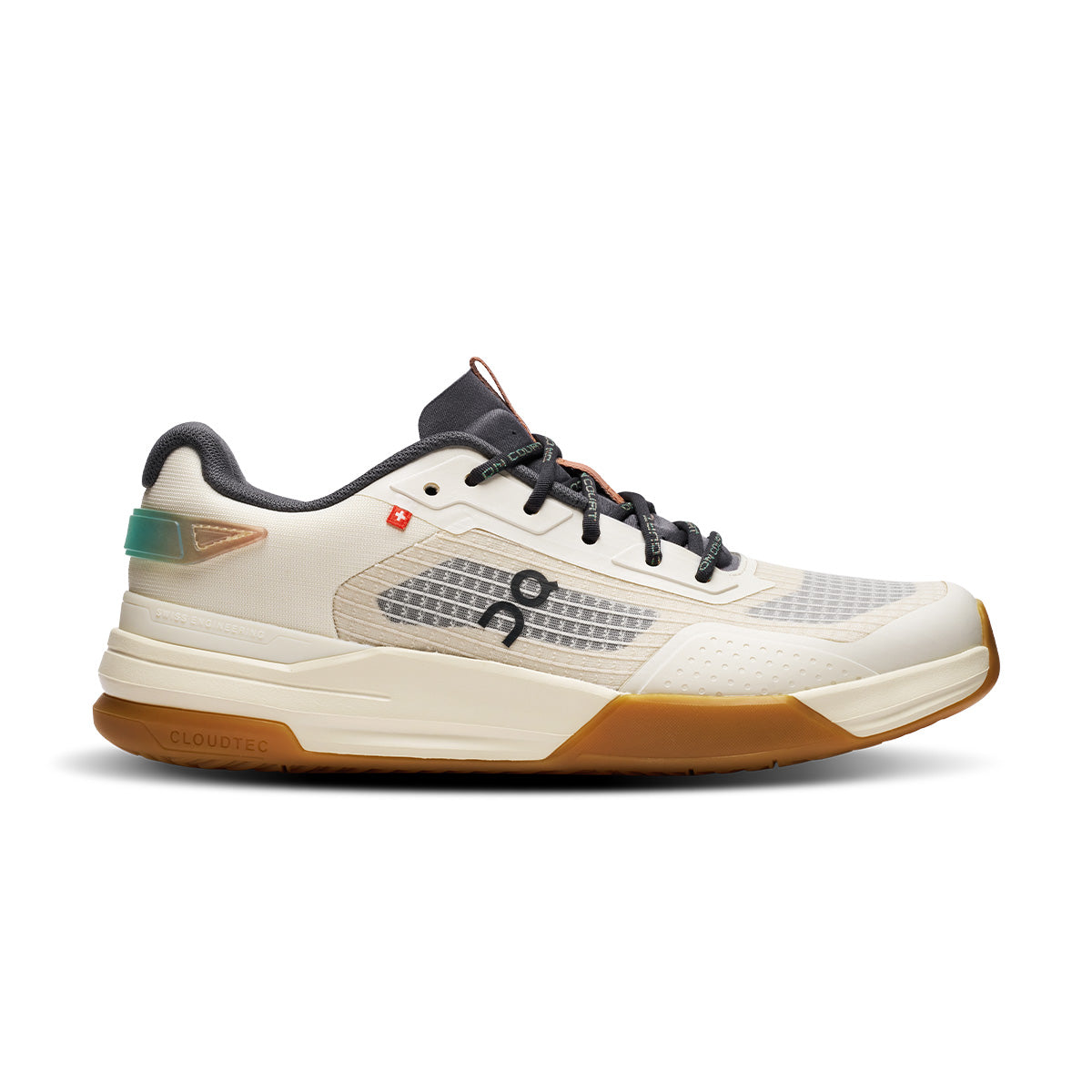 Side view on white background of Womens On The Roger Advantage Z5 running shoe in Cream/Almond, Medium (Regular) width