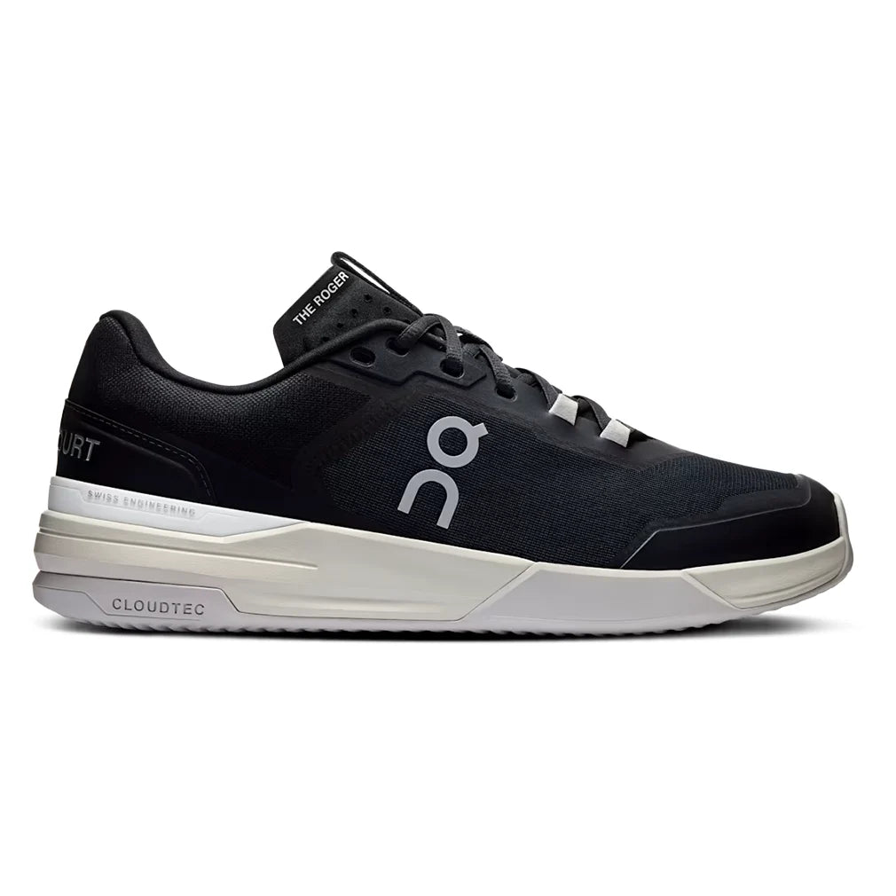 Side view on white background of Mens On The Roger Advantage Pro Clay running shoe in Black/White, Medium (Regular) width
