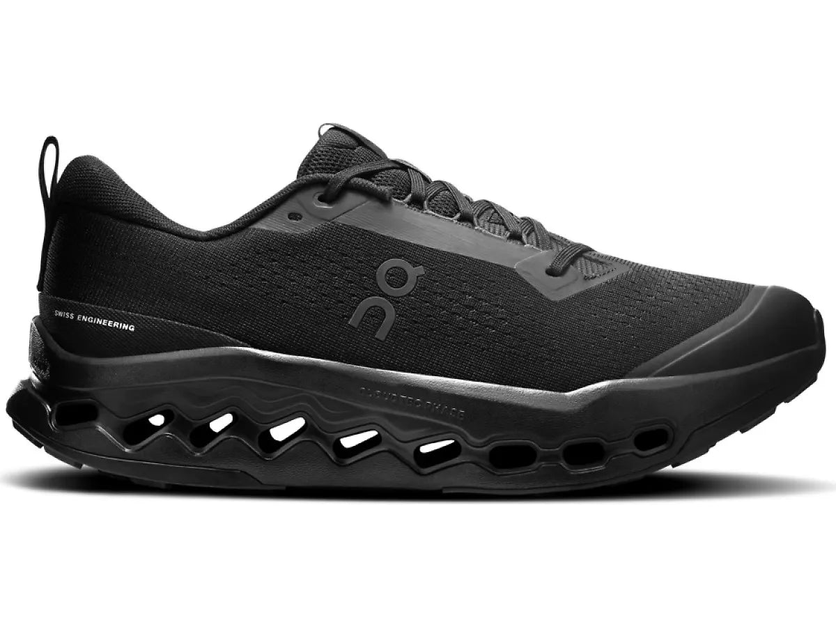 Side view on white background of Mens On Cloudsurfer Trail 2 running shoe in Black/Eclipse, Medium (Regular) width