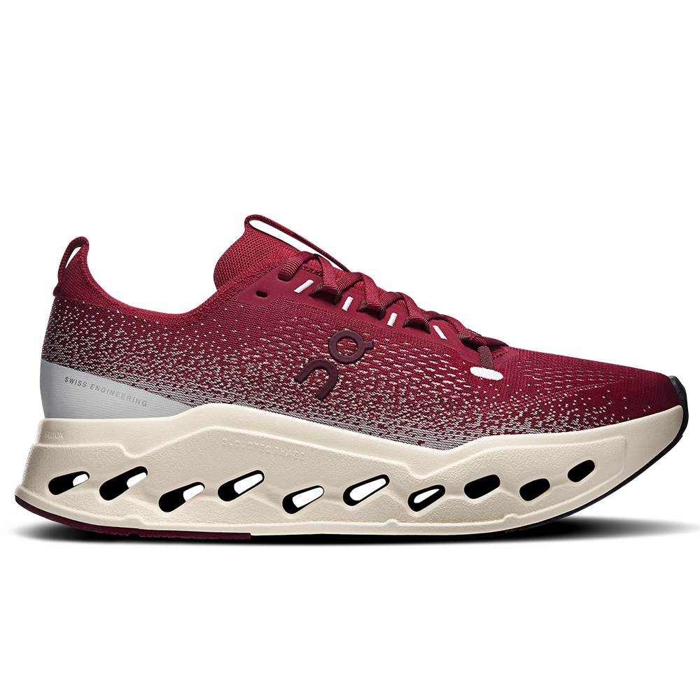 Side view on white background of Mens On Cloudsurfer running shoe in Sienna/Dew, Medium (Regular) width