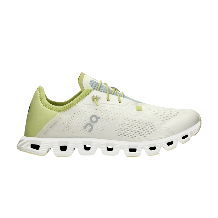 Side view on white background of Womens On Cloud 5 Coast running shoe in Ivory/Acacia, Medium (Regular) width