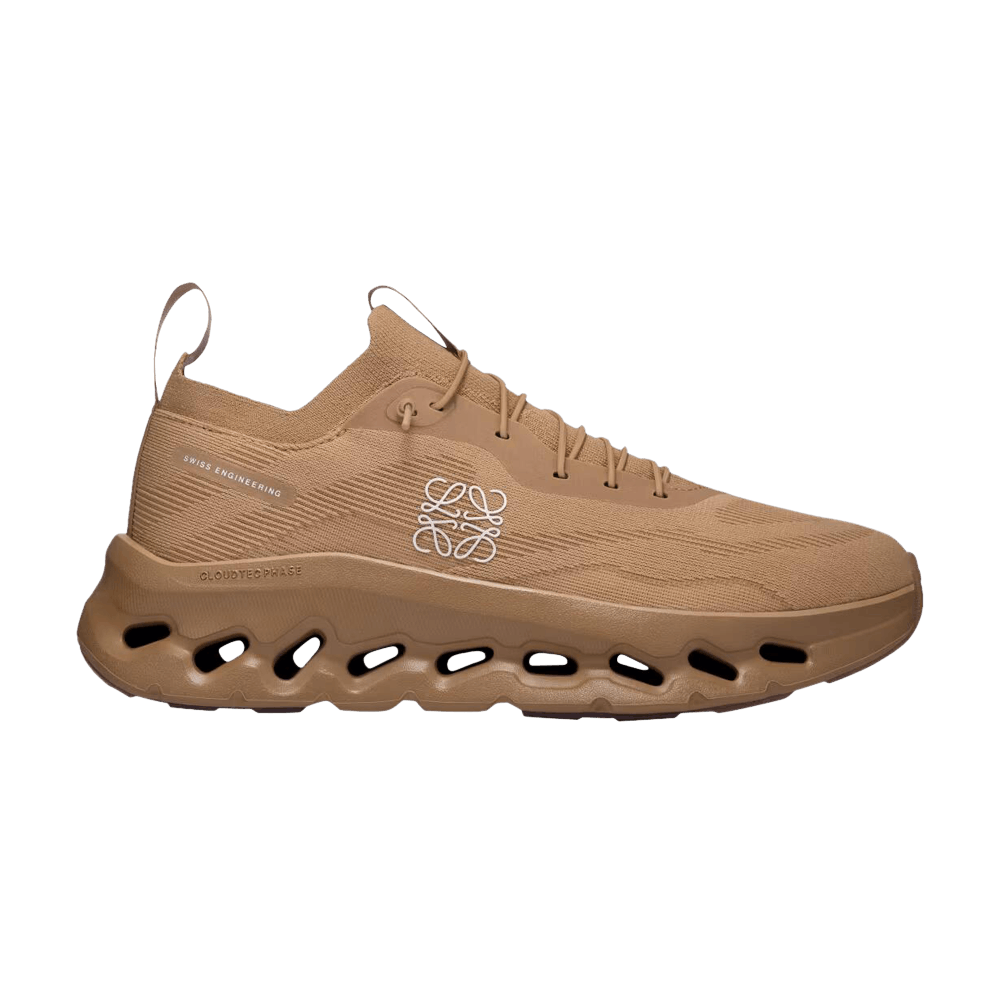 Side view on white background of Womens On Cloudtilt LOEWE running shoe in Dark Sand, Medium (Regular) width