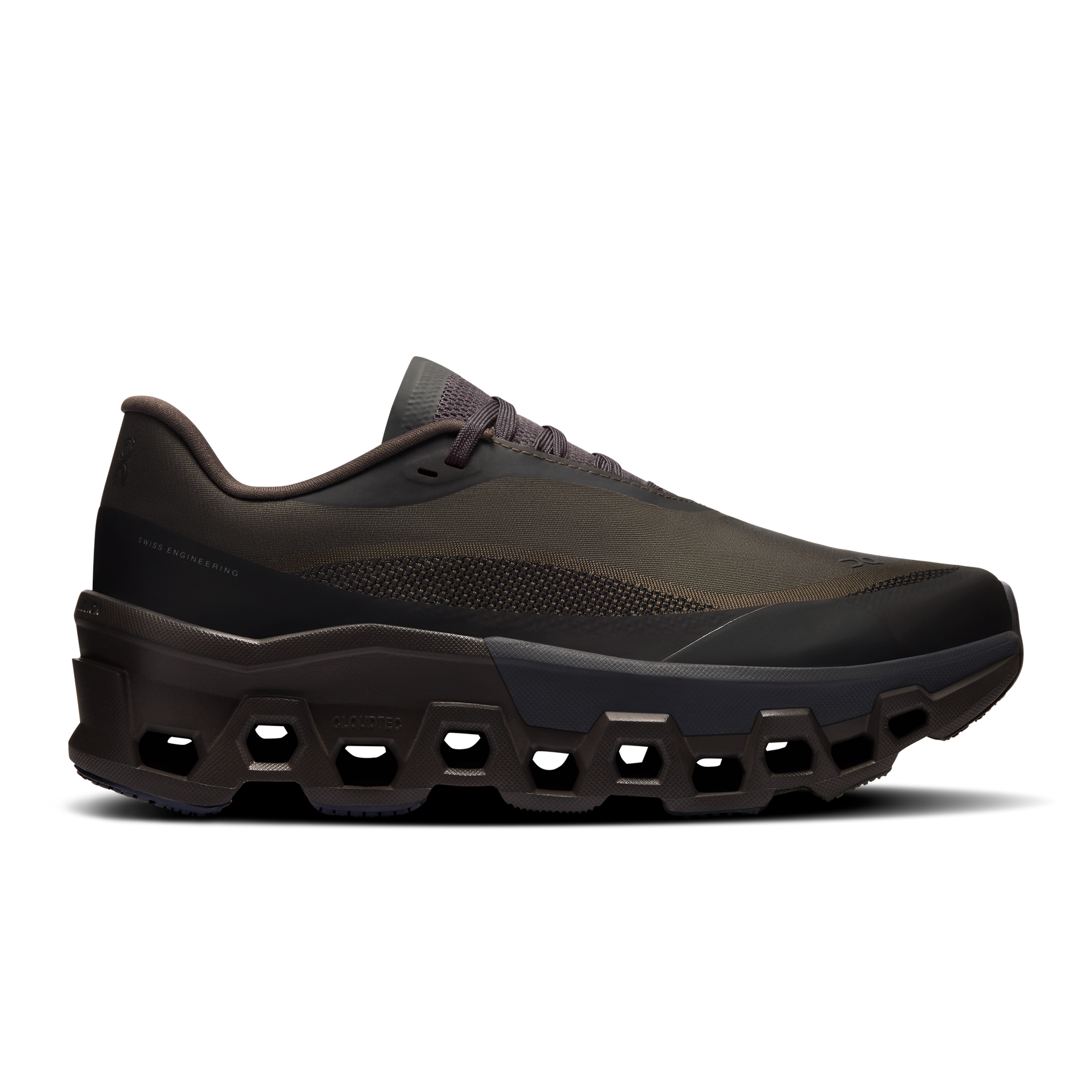 Side view on white background of Mens On Cloudmonster 2 PAF running shoe in Thorn/Brown, Medium (Regular) width