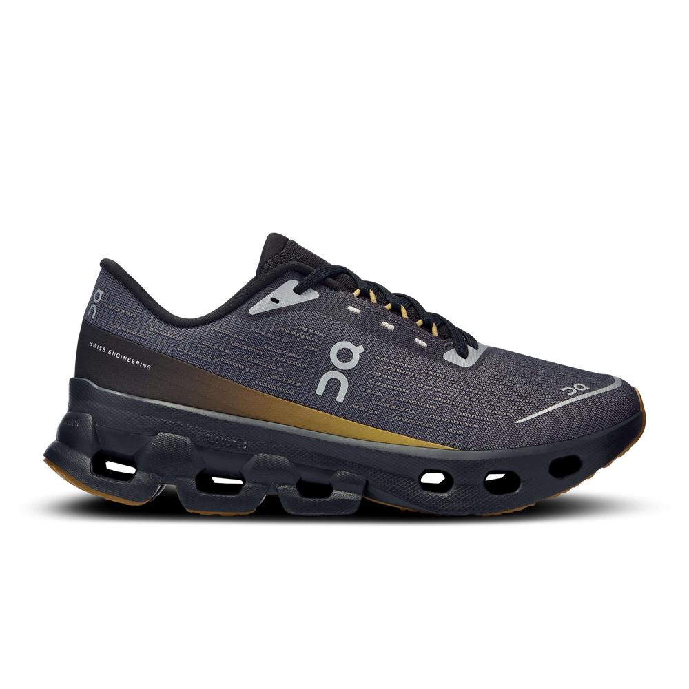 Side view on white background of Womens On Cloudspark running shoe in Iron/Black, Medium (Regular) width