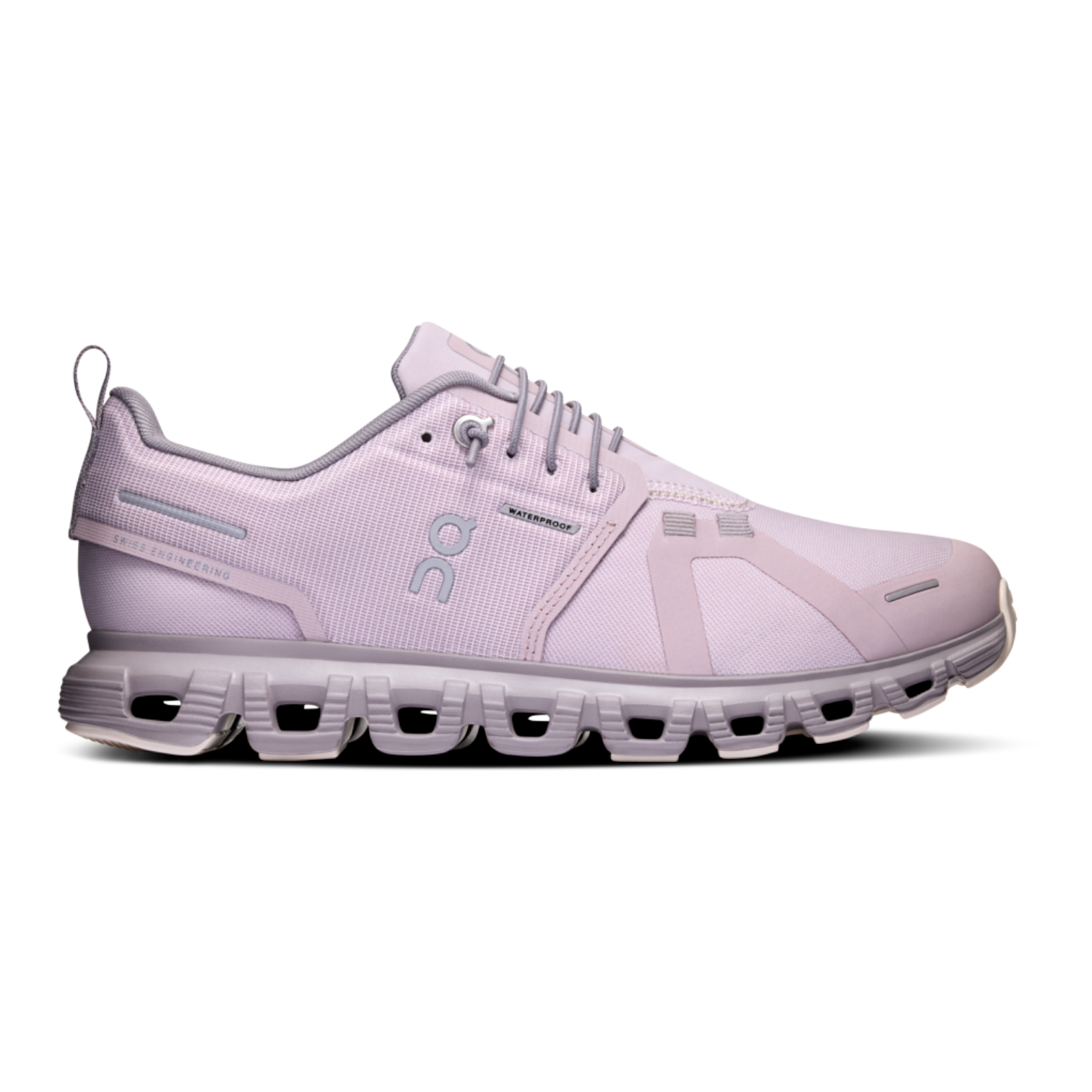 Side view on white background of Womens On Cloud 6 Waterproof running shoe in Mauve/Zinc, Medium (Regular) width