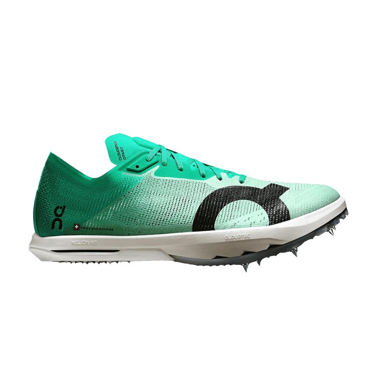 Side view on white background of Mens On Cloudspike Citius 2 running shoe in Mint/White, Medium (Regular) width