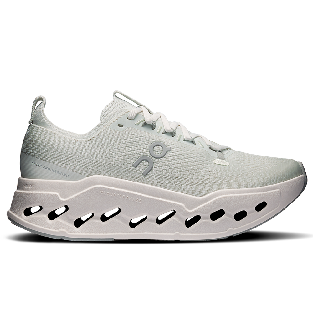 Side view on white background of Womens On Cloudsurfer running shoe in Iceberg/Ivory, Medium (Regular) width