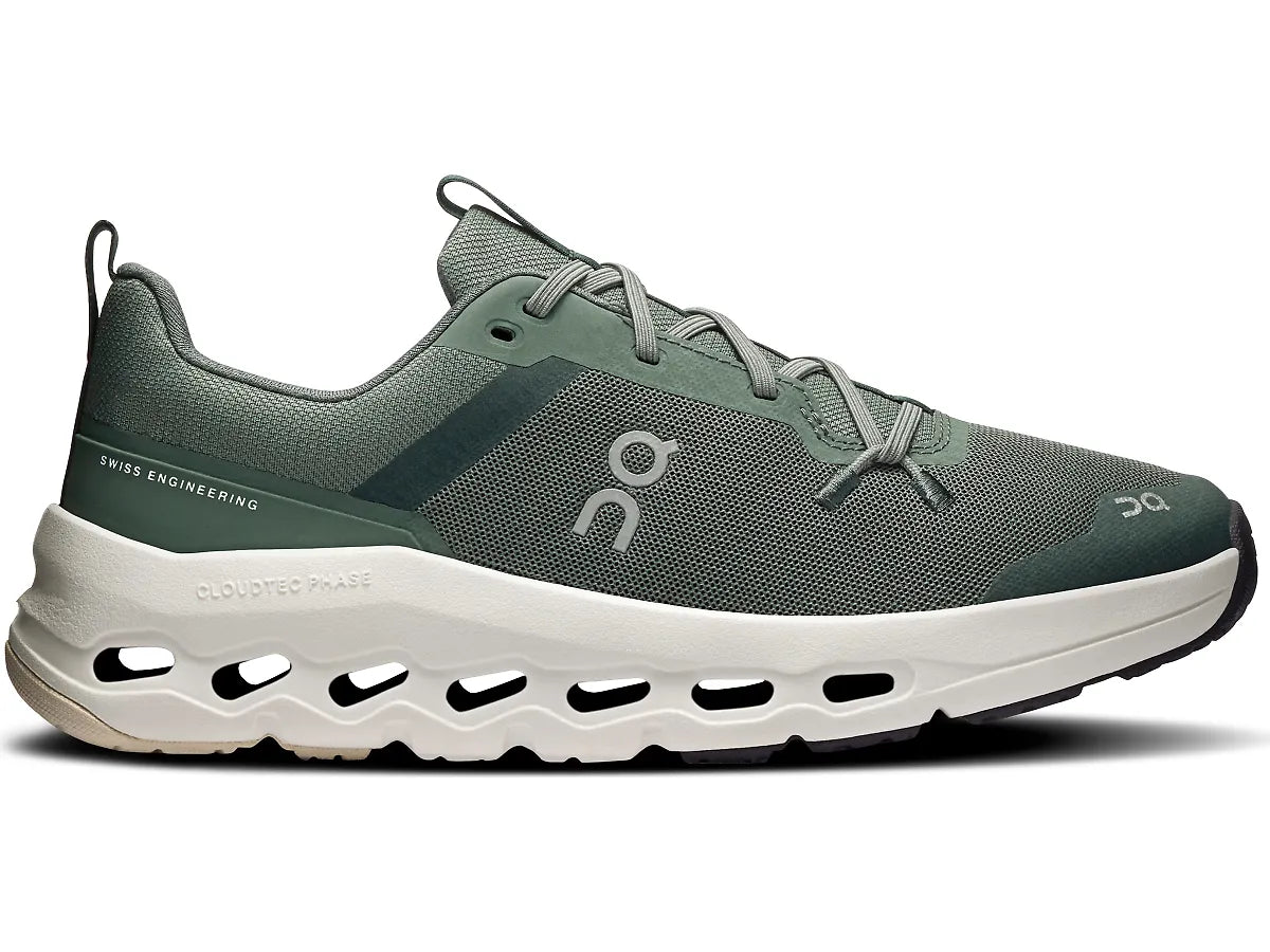 Side view on white background of Youth On  shoe in Olive/Ghost, Medium (Regular) width
