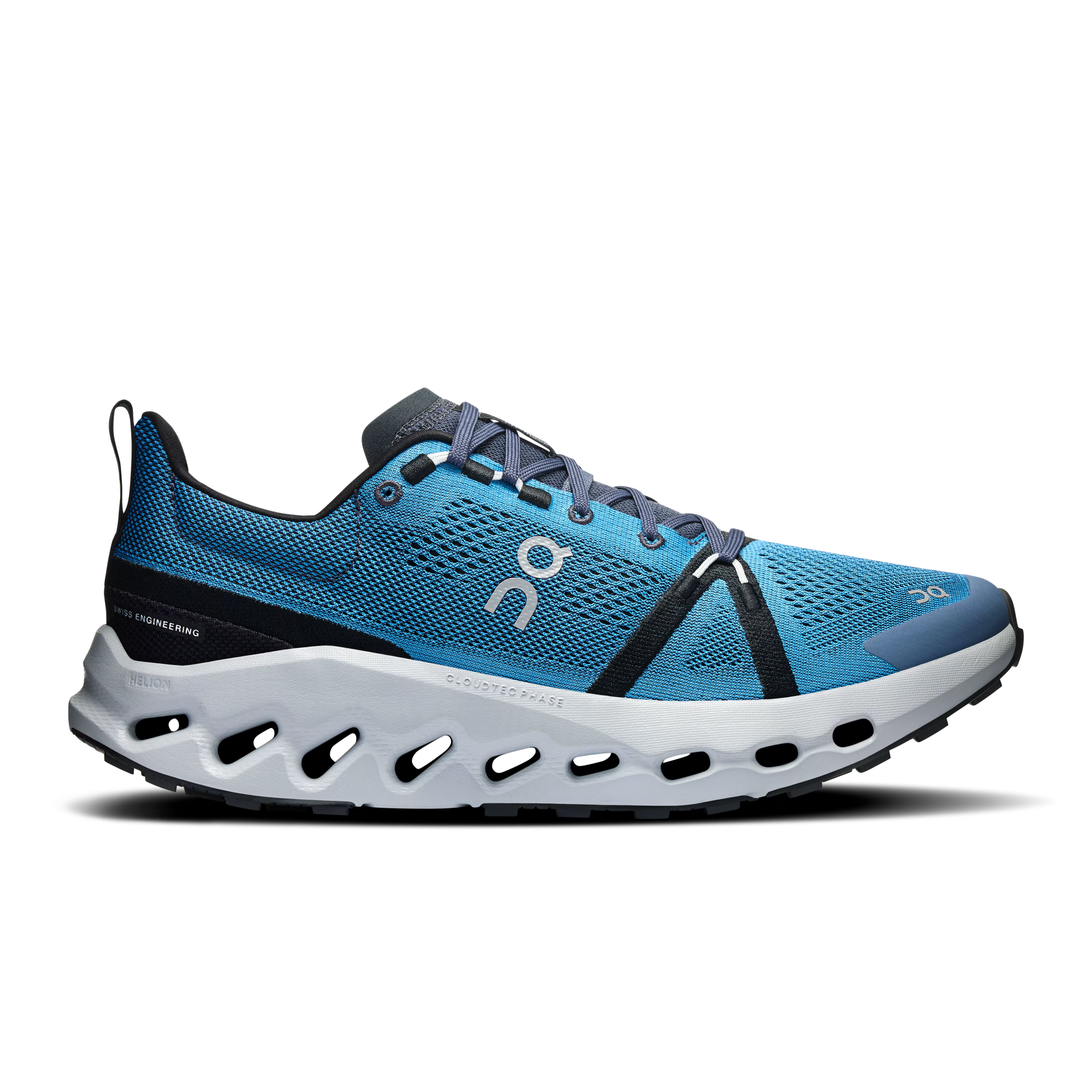 Side view on white background of Mens On Cloudsurfer Trail running shoe in Niagara/Glacier, Medium (Regular) width