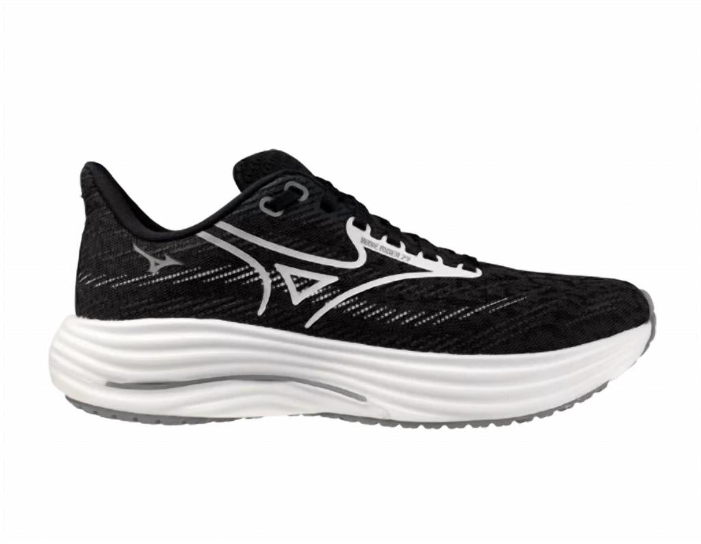 Side view on white background of Womens Mizuno Wave Rider 29 running shoe in Black/White, Wide width