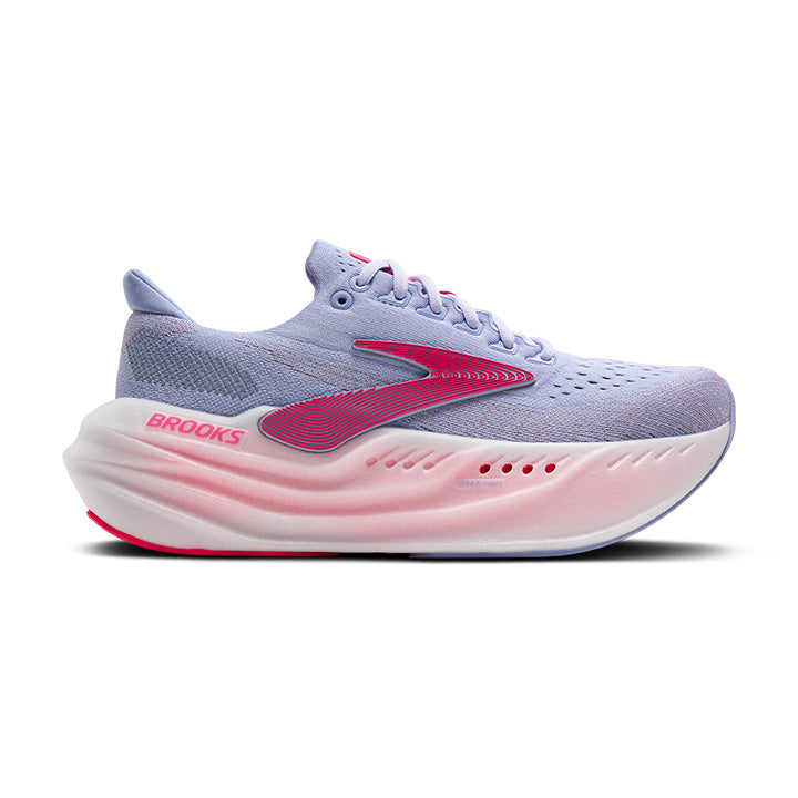 Side view on white background of Womens Brooks Glycerin Max running shoe in Blue Heron/Diva Pink/White, Medium (Regular) width