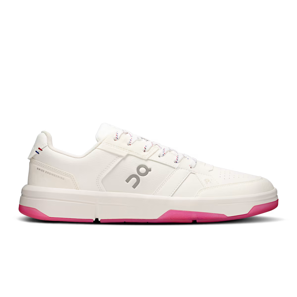 Side view on white background of Mens On The Roger Clubhouse 3 running shoe in White/Grenadine, Medium (Regular) width