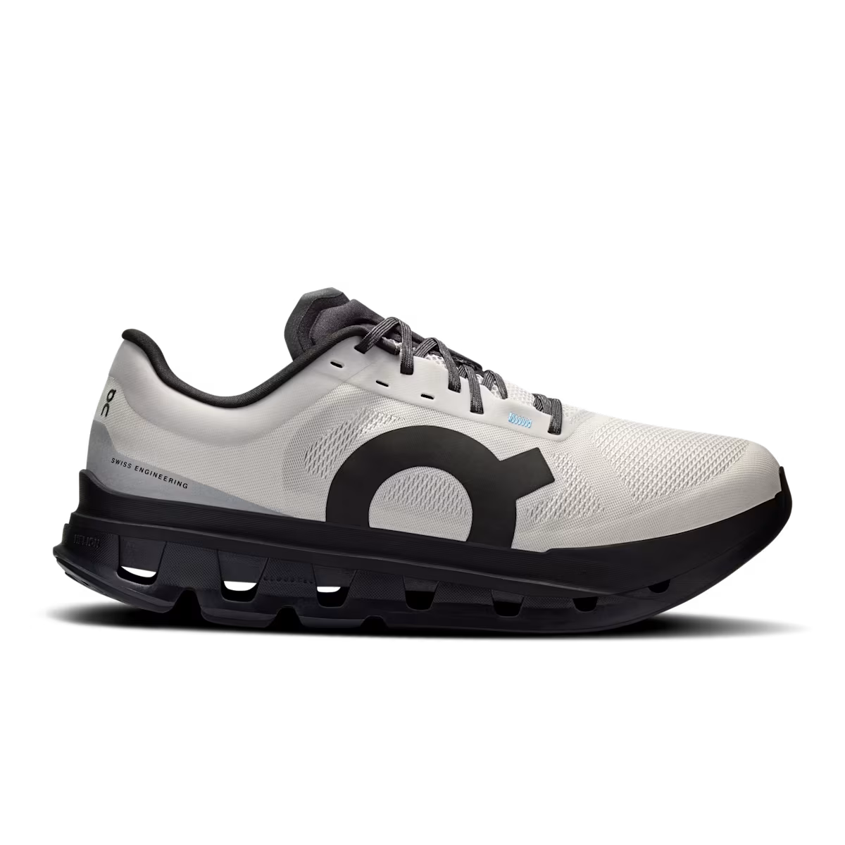 Side view on white background of Mens On Cloudflow 5 running shoe in Glacier/Black, Medium (Regular) width