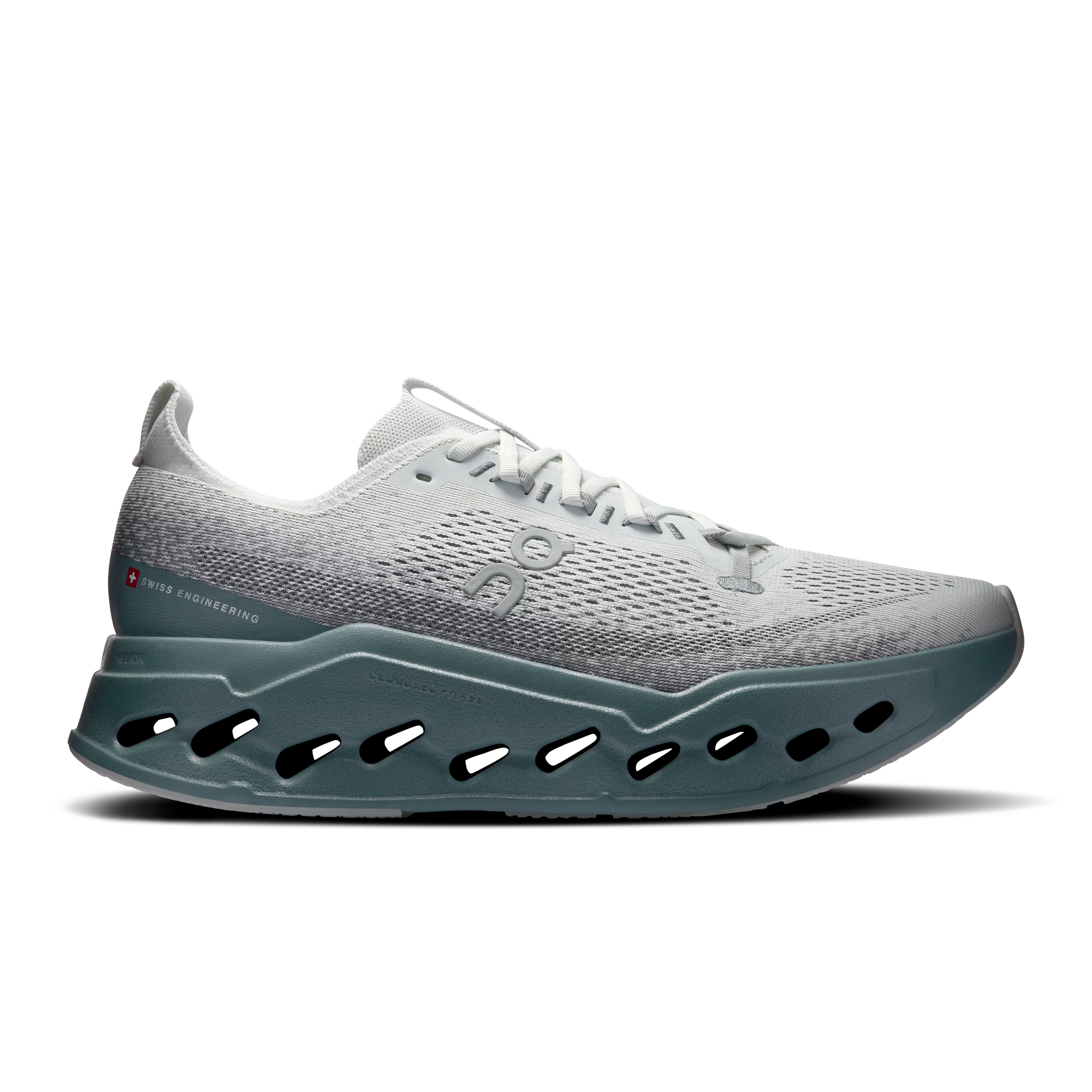 Side view on white background of Mens On Cloudsurfer Max running shoe in Iceberg/Olive, Medium (Regular) width